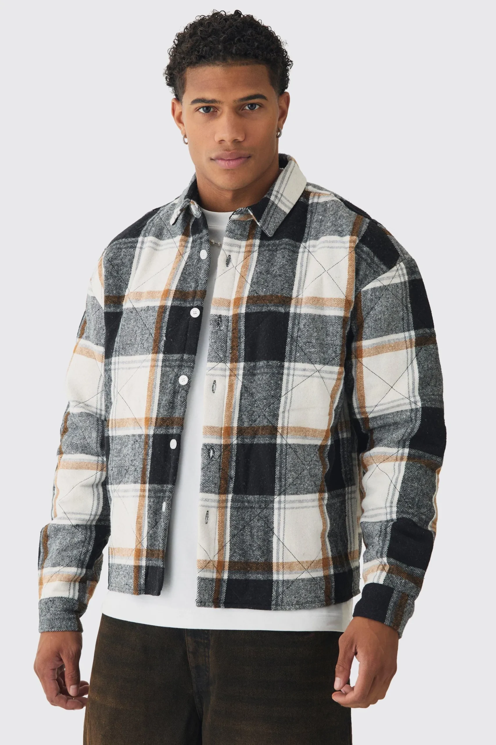 Oversized Quilted Check Overshirt | BoohooMAN UK