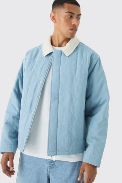 Oversized Quilted Denim Jacket With Borg Collar | BoohooMAN UK