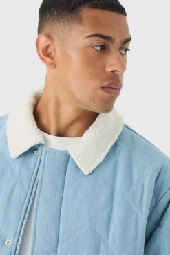 Oversized Quilted Denim Jacket With Borg Collar | BoohooMAN UK