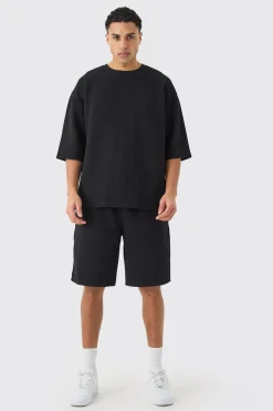 Oversized Quilted Herringbone T-shirt And Short Set | BoohooMAN UK