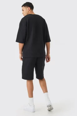 Oversized Quilted Herringbone T-shirt And Short Set | BoohooMAN UK