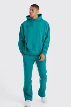 Oversized Raw Applique Hooded Gusset Tracksuit | BoohooMAN UK