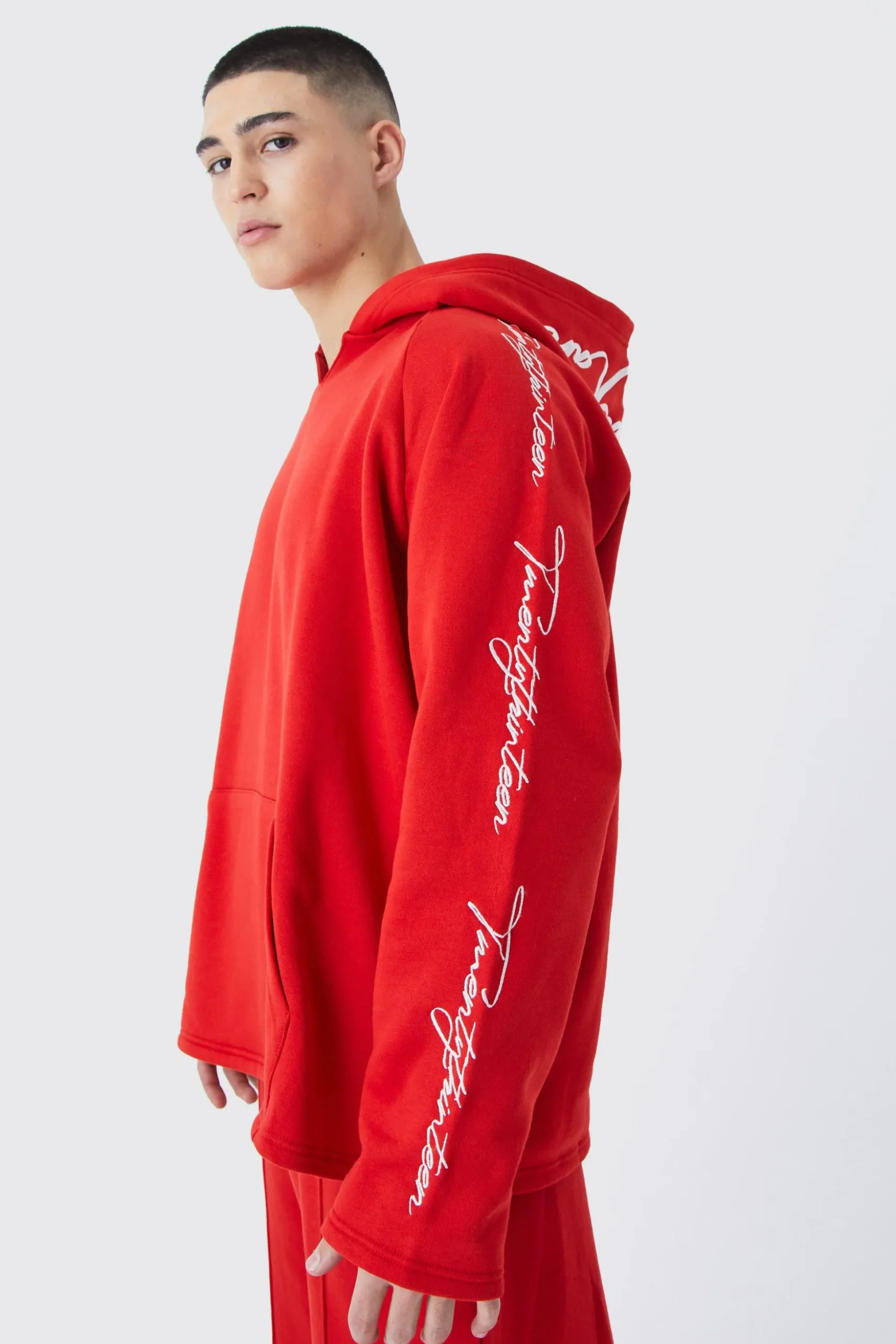 Oversized Raw Edge Script Embroidered Hoodie | BoohooMAN UK
