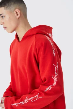 Oversized Raw Edge Script Embroidered Hoodie | BoohooMAN UK