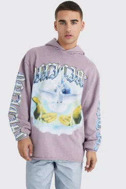 Oversized Raw Hem Washed Loopback Graphic Hoodie | BoohooMAN UK