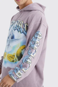 Oversized Raw Hem Washed Loopback Graphic Hoodie | BoohooMAN UK