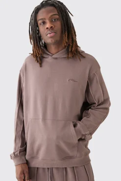 Oversized Raw Seam Man Signature Embroidered Hoodie | BoohooMAN UK