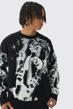 Oversized Renaissance Face Knit Jumper | BoohooMAN UK
