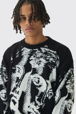Oversized Renaissance Face Knit Jumper | BoohooMAN UK