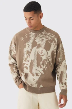 Oversized Renaissance Face Knit Jumper | BoohooMAN UK
