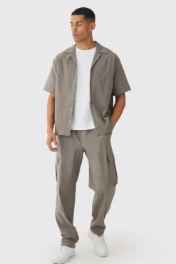 Oversized Revere Bengaline Shirt & Cargo Trouser Set | BoohooMAN UK