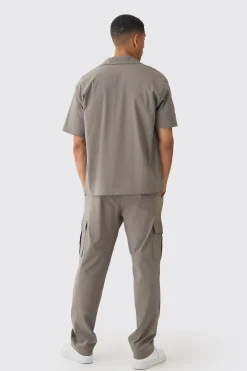 Oversized Revere Bengaline Shirt & Cargo Trouser Set | BoohooMAN UK