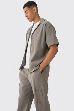 Oversized Revere Bengaline Shirt & Cargo Trouser Set | BoohooMAN UK