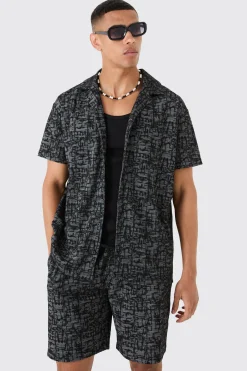 Oversized Revere Jacquard Shirt & Short Set | BoohooMAN UK