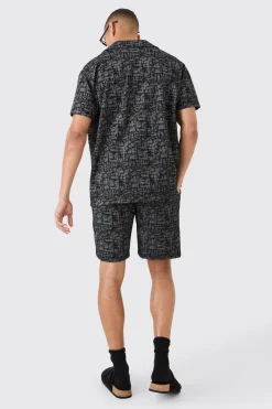 Oversized Revere Jacquard Shirt & Short Set | BoohooMAN UK