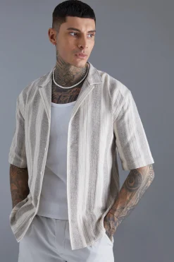 Oversized Revere Linen Look Stripe Shirt | BoohooMAN UK