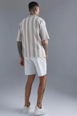 Oversized Revere Linen Look Stripe Shirt | BoohooMAN UK