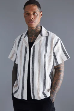 Oversized Revere Linen Look Stripe Shirt | BoohooMAN UK