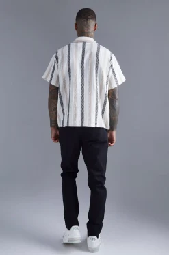 Oversized Revere Linen Look Stripe Shirt | BoohooMAN UK