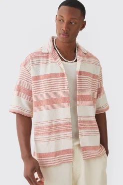 Oversized Revere Short Sleeve Stripe Shirt | BoohooMAN UK