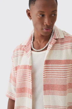 Oversized Revere Short Sleeve Stripe Shirt | BoohooMAN UK