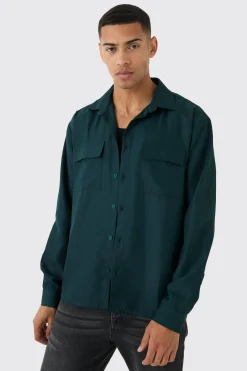 Oversized Revere Soft Twill Cargo Pocket Long Sleeve Shirt | BoohooMAN UK