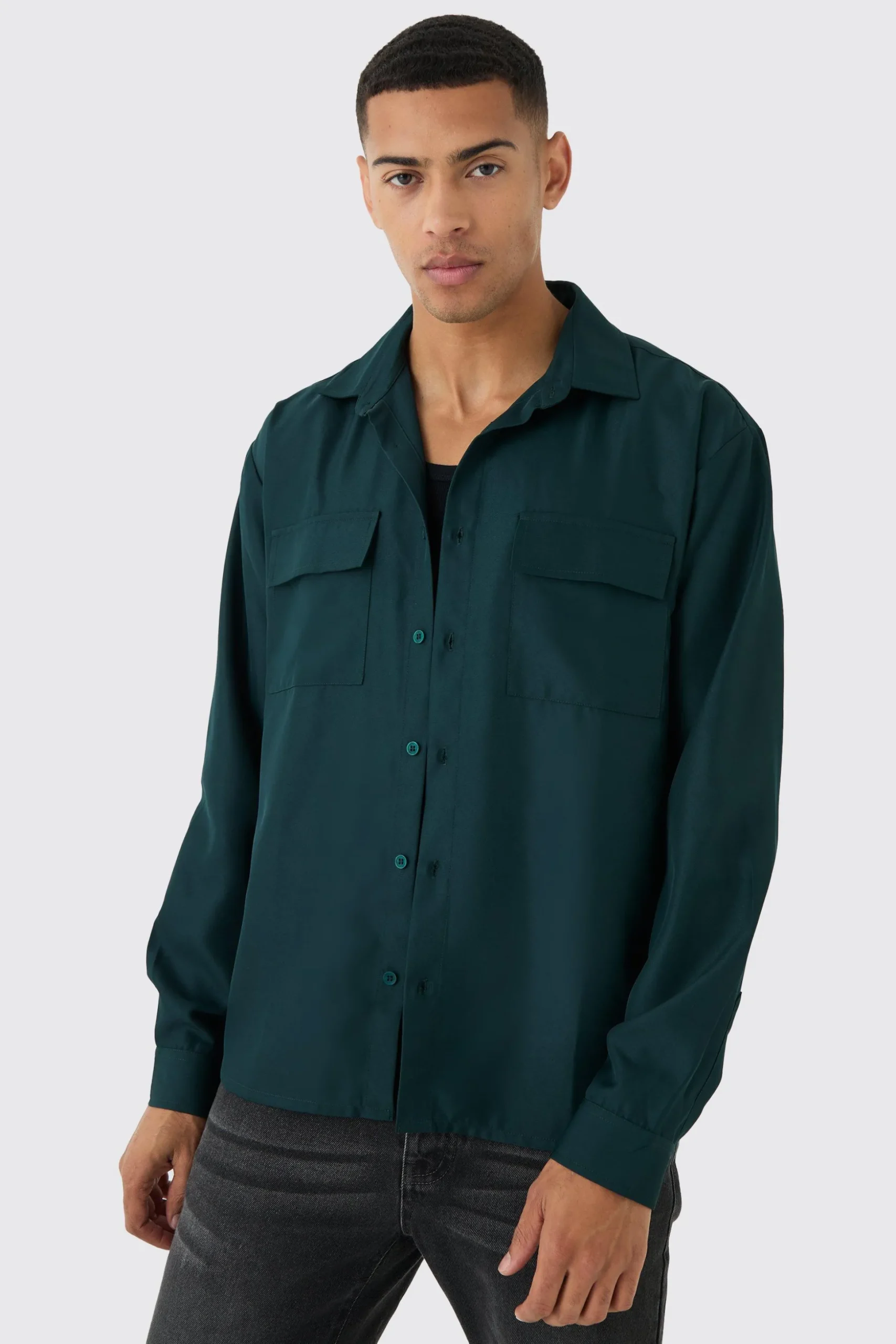 Oversized Revere Soft Twill Cargo Pocket Long Sleeve Shirt | BoohooMAN UK
