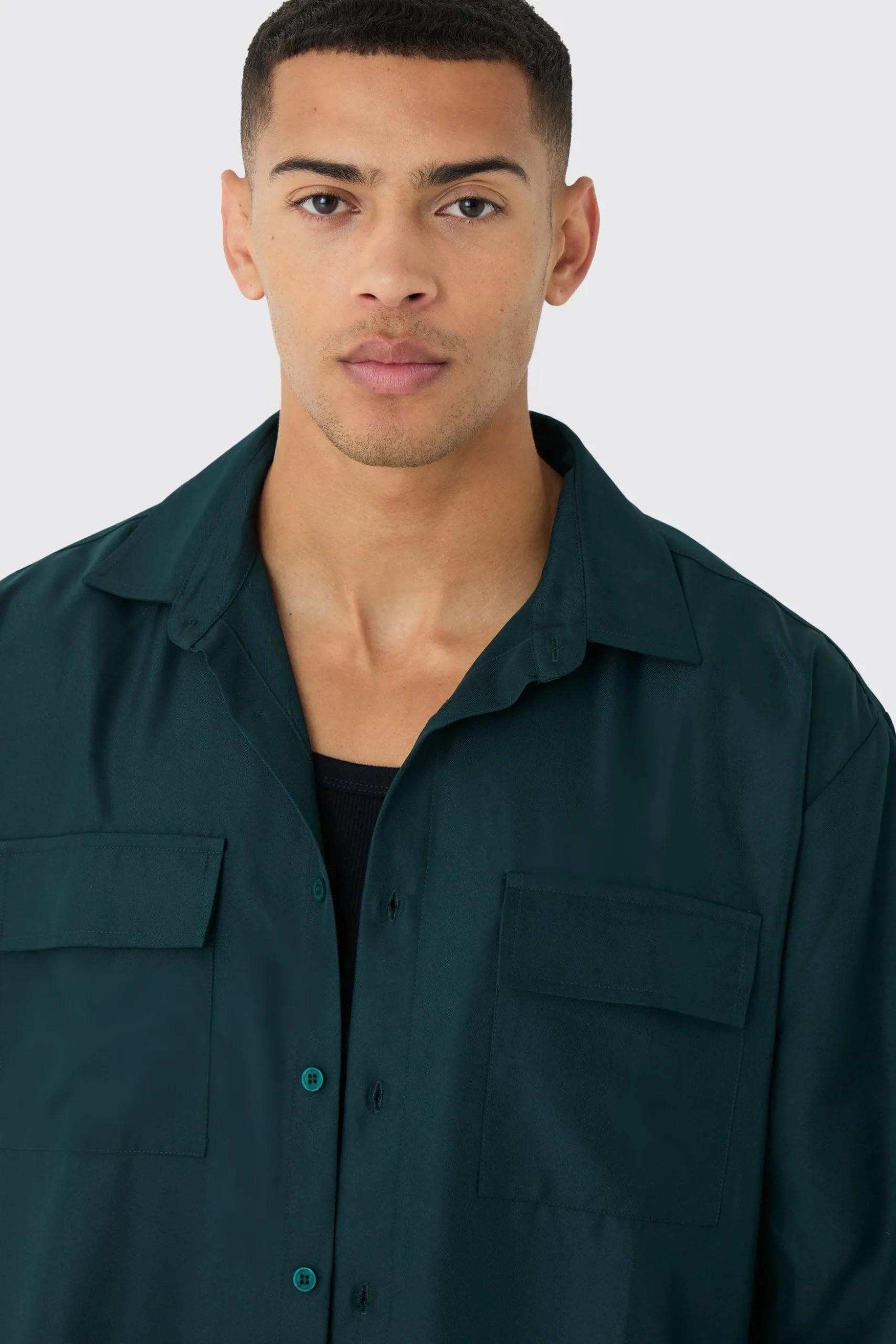 Oversized Revere Soft Twill Cargo Pocket Long Sleeve Shirt | BoohooMAN UK