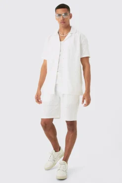 Oversized Revere Stretch Broderie Shirt & Short Set | BoohooMAN UK