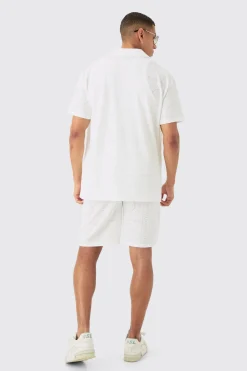 Oversized Revere Stretch Broderie Shirt & Short Set | BoohooMAN UK