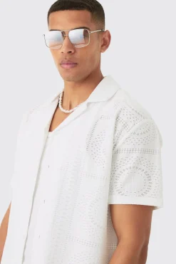 Oversized Revere Stretch Broderie Shirt & Short Set | BoohooMAN UK