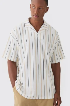Oversized Revere Striped Crinkle Polo | BoohooMAN UK