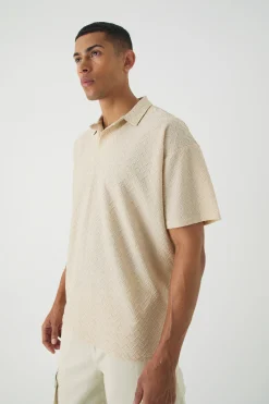 Oversized Revere Texture Polo | BoohooMAN UK
