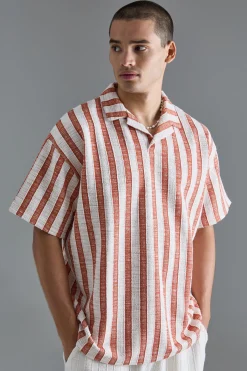 Oversized Revere Textured Stripe Polo | BoohooMAN UK