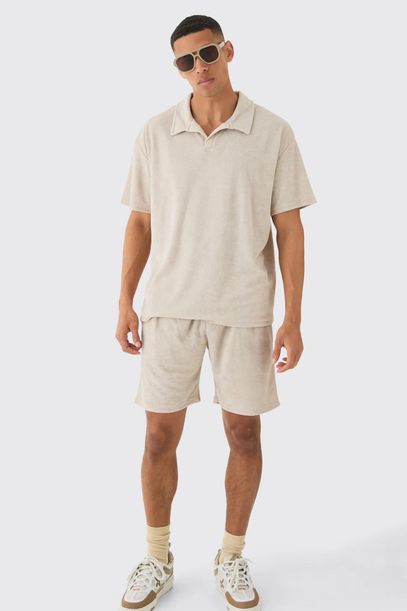 Oversized Revere Towelling Polo & Shorts Set | BoohooMAN UK