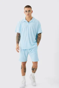 Oversized Revere Towelling Polo & Shorts Set | BoohooMAN UK
