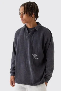 Oversized Revere Washed Embroidered Rugby Sweatshirt Polo | BoohooMAN UK