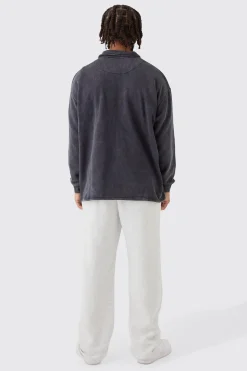 Oversized Revere Washed Embroidered Rugby Sweatshirt Polo | BoohooMAN UK