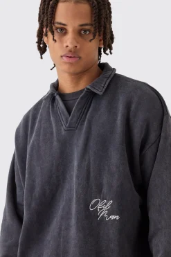 Oversized Revere Washed Embroidered Rugby Sweatshirt Polo | BoohooMAN UK