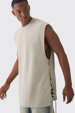 Oversized Reverse Loopback Lace Up Tank | BoohooMAN UK