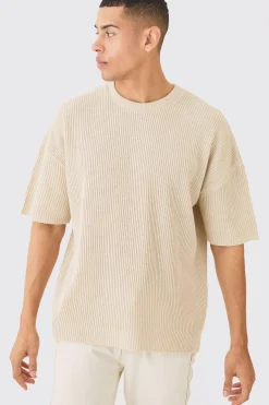 Oversized Ribbed Knit T-shirt | BoohooMAN UK