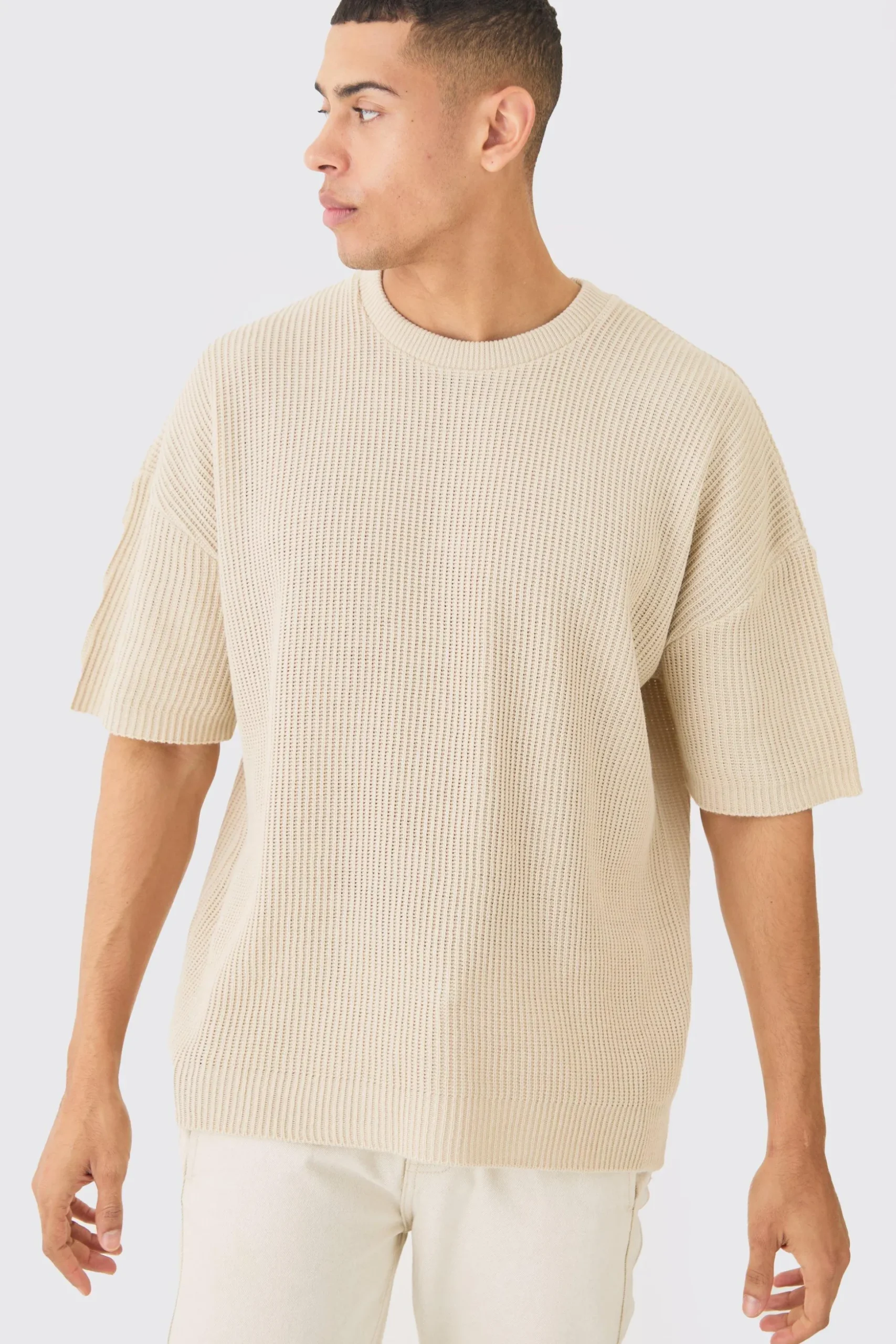 Oversized Ribbed Knit T-shirt | BoohooMAN UK
