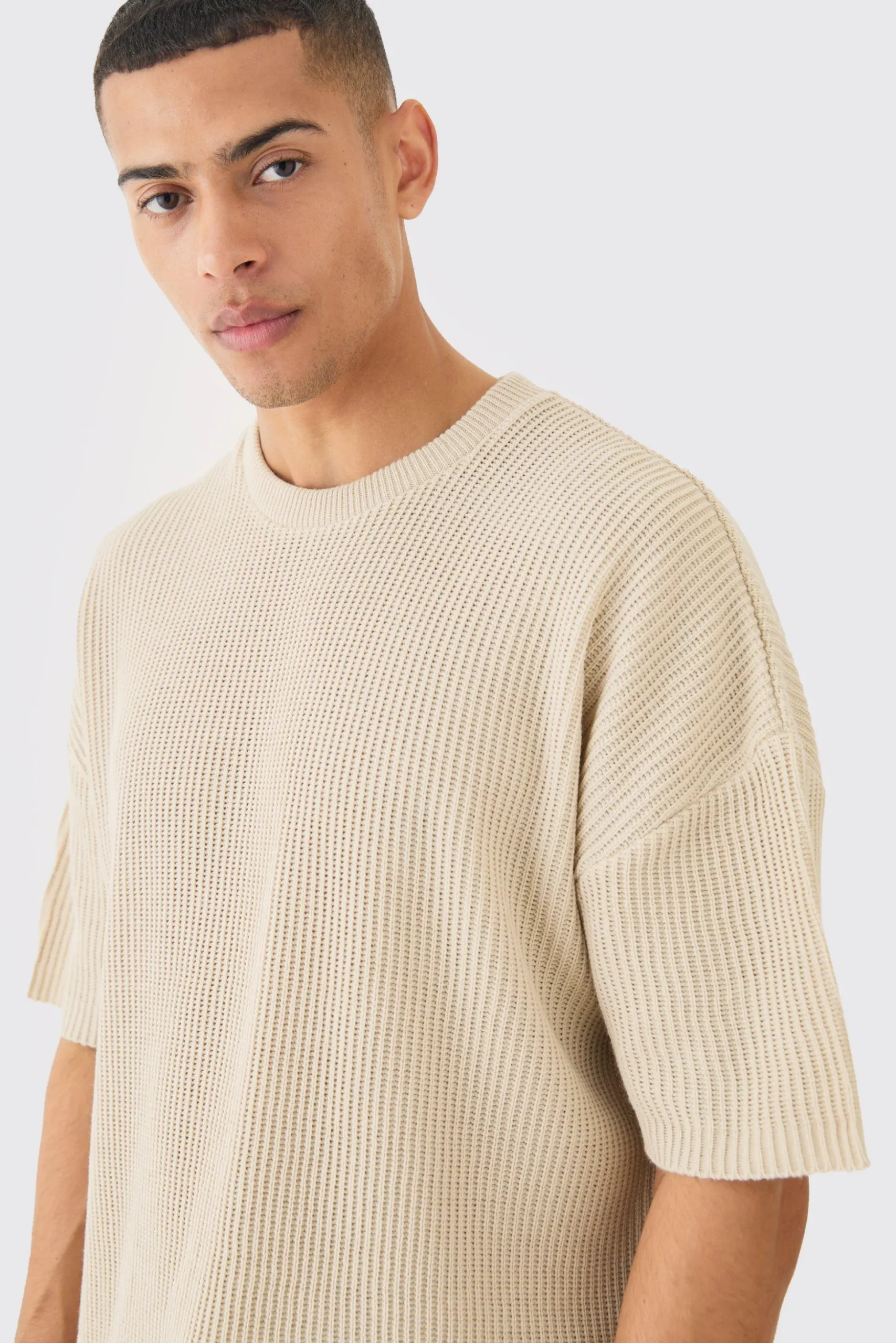 Oversized Ribbed Knit T-shirt | BoohooMAN UK