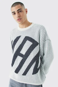 Oversized Ribbed Knitted Crew Neck Jumper | BoohooMAN UK