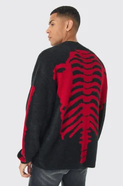 Oversized Ribcage Intarsia Fluffy Knit Cardigan In Black | BoohooMAN UK