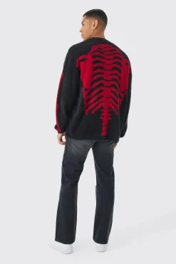 Oversized Ribcage Intarsia Fluffy Knit Cardigan In Black | BoohooMAN UK