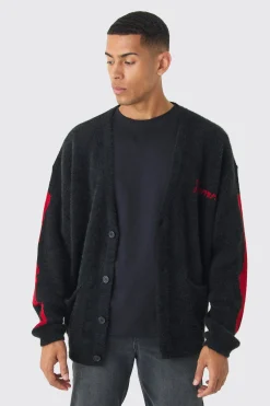 Oversized Ribcage Intarsia Fluffy Knit Cardigan In Black | BoohooMAN UK