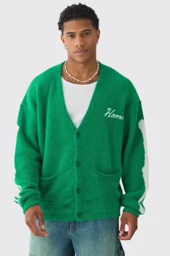 Oversized Ribcage Intarsia Fluffy Knit Cardigan In Green | BoohooMAN UK