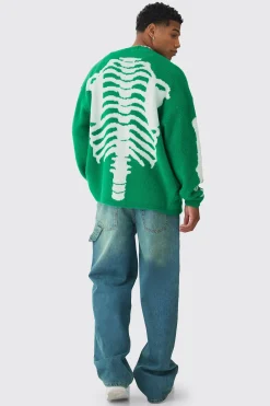 Oversized Ribcage Intarsia Fluffy Knit Cardigan In Green | BoohooMAN UK
