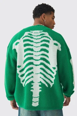 Oversized Ribcage Intarsia Fluffy Knit Cardigan In Green | BoohooMAN UK